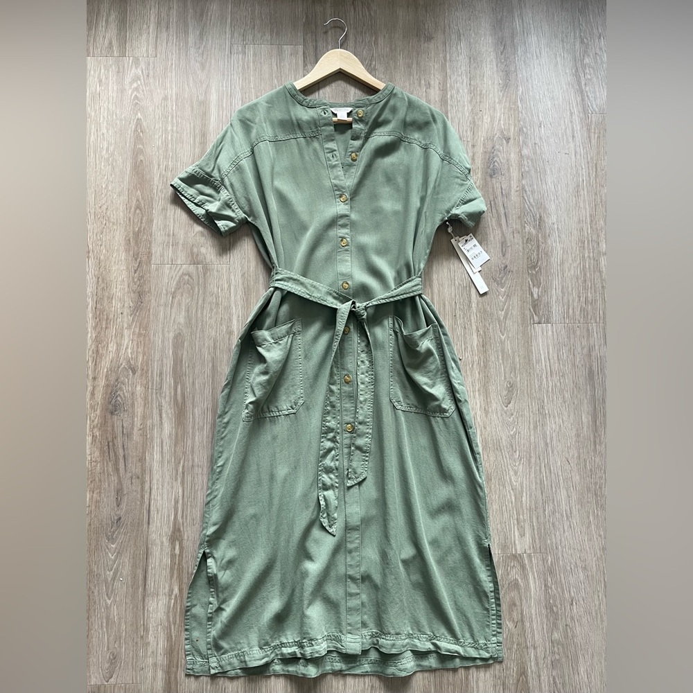 Caslon Sage Green Tencel Shirt Dress | Tie Waist Utility Midi | NWT Medium